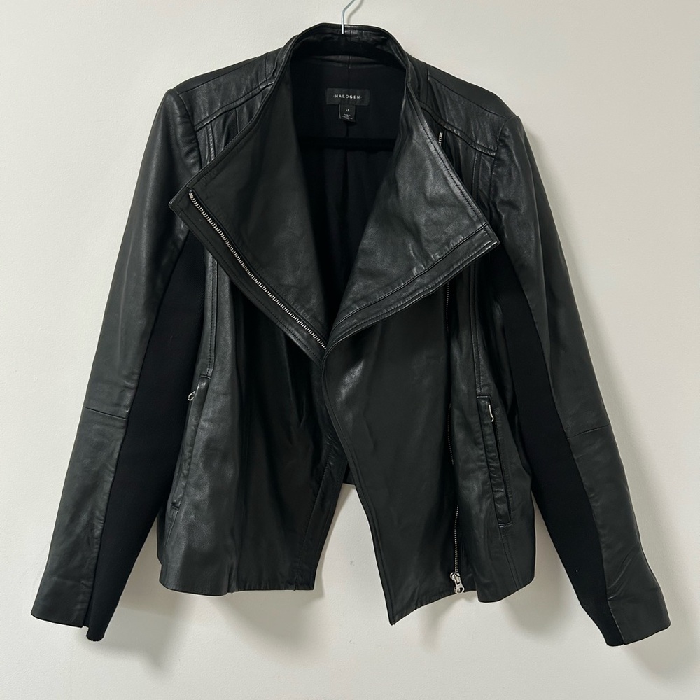 Halogen Black Leather Jacket Moto Asymmetrical Womens 1X Zipper Knit Stretch